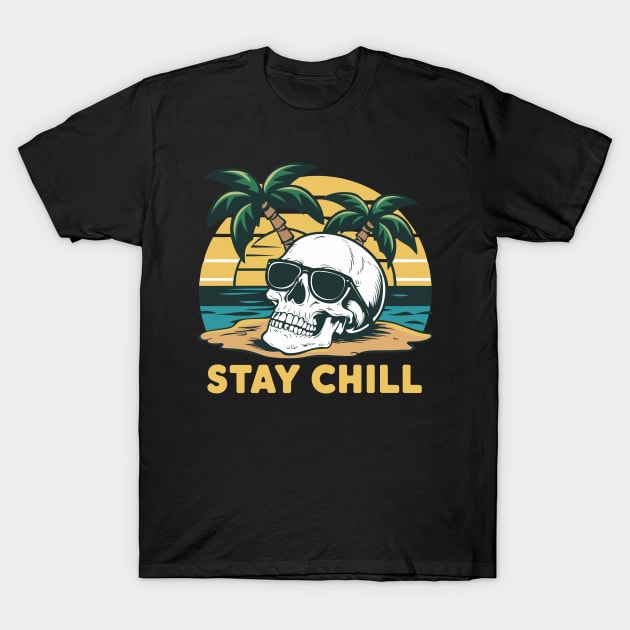 Stay Chill Retro Sunglasses Sunset Skull Design T-Shirt by TF Brands